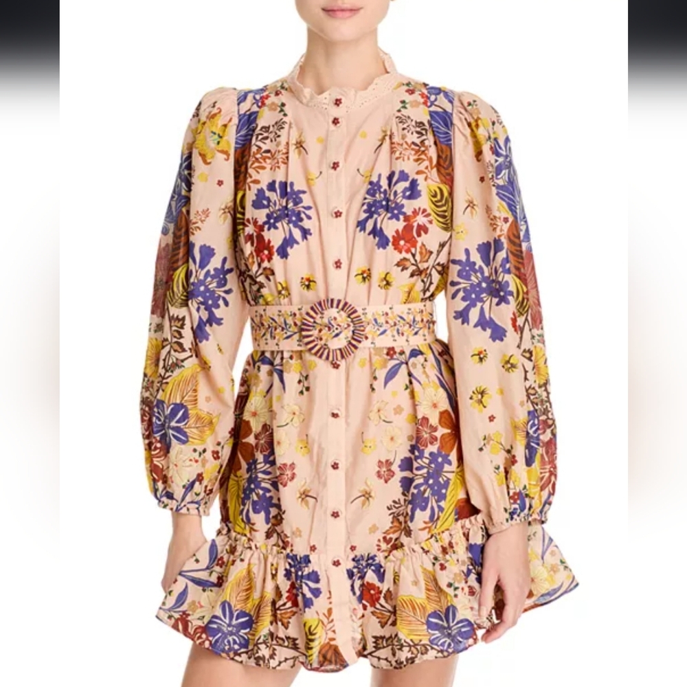 FARM Rio Size L Pink Beauty Bouquet Puff Sleeve Mini Dress